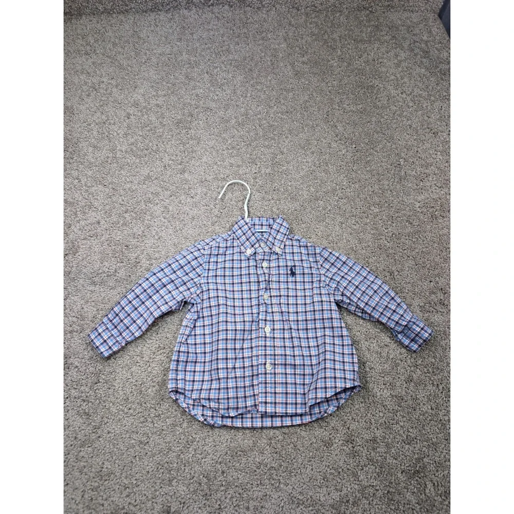Ralph Lauren‎ Kids Blue Orange Plaid Long Sleeve Button Down Shirt 9M Infant